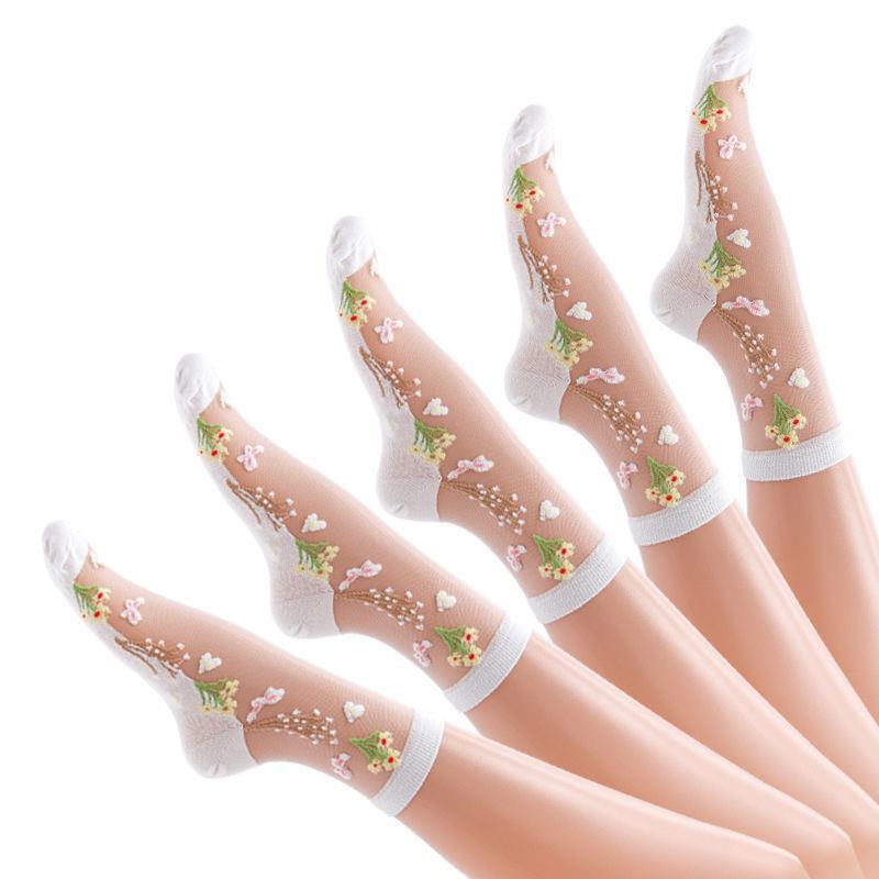 Simple Mid-Calf Ice Silk Socks for Women, Ultra-Thin, Breathable, Non-Slip, Cotton Bottom, Anti-Snag, High Tube Crystal Silk Cotton Socks for Women