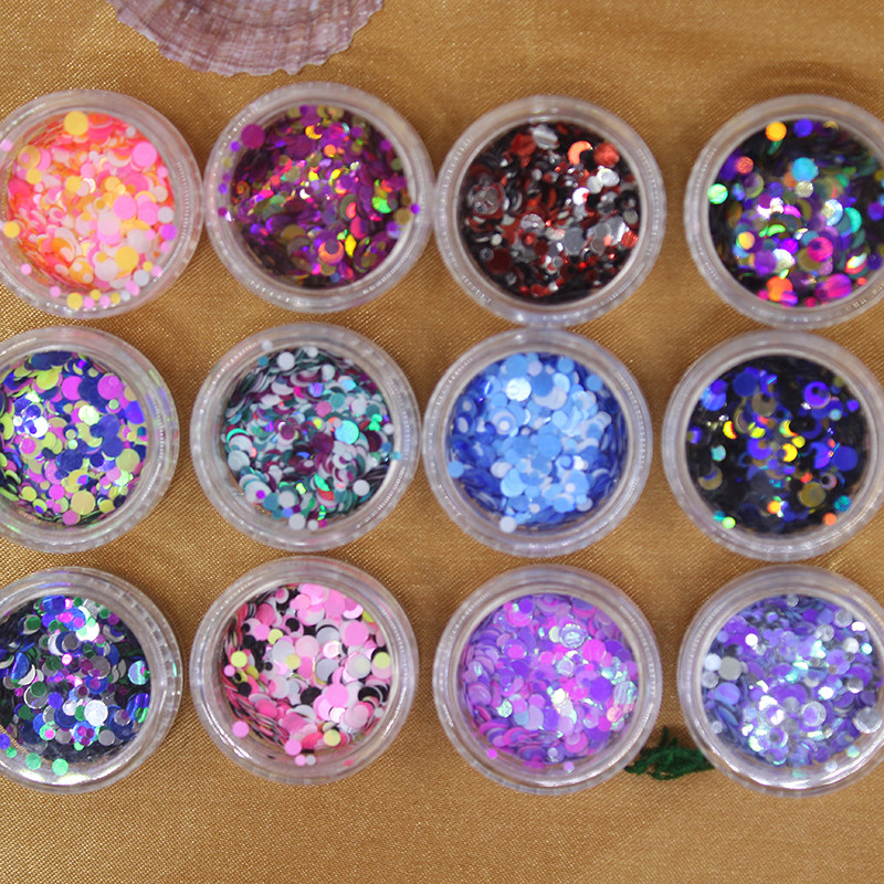美甲亮片圆形12色套装指甲饰品彩色闪粉超薄大小混装超闪幻彩贴片