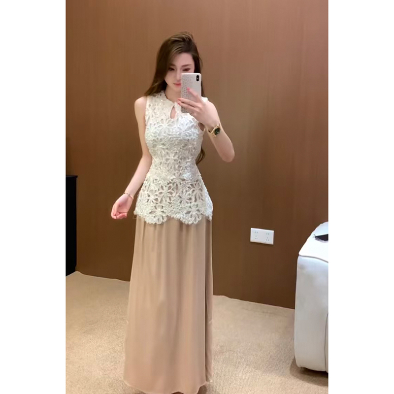 2026 New Style Elegant and Classy Sleeveless Three-Dimensional Embroidered Hollow Lace Vest + High-Waisted Drapey Skirt