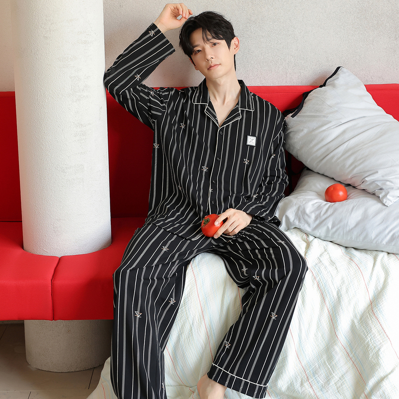 Men's Plus-Size Pajamas, Pure Cotton, Spring and Autumn, Striped Color-Blocking, Black Set, 150kg Embroidered Simple Loungewear