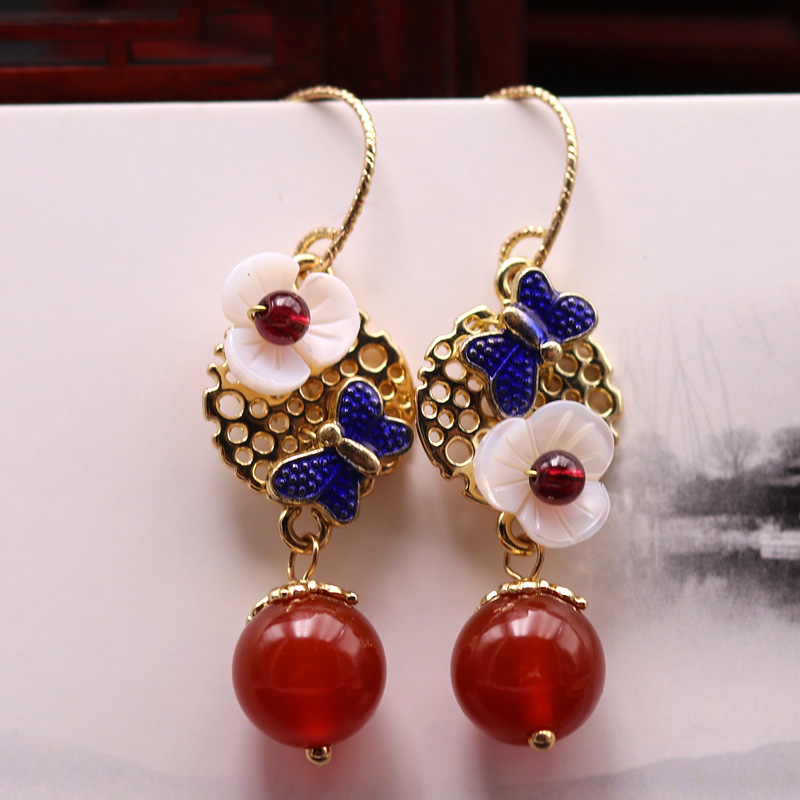 Original red Manau earrings with shells Flower View Thai blue butterfly earrings Ancient wind Chinese style ear-pin ear clip