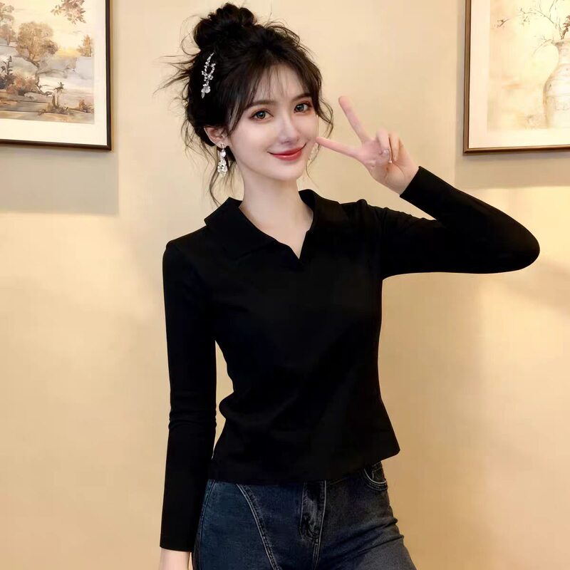 European Goods 2026 New Black Polo Collar Long-Sleeve T-Shirt for Women, Slim Fit, Versatile Base Shirt, High-End Feel, Collared Top European Goods 2026 New Black Polo Collar Long-Sleeve T-Shirt for Women, Slim Fit, Versatile Base Shirt, High-End Feel, Collared Top