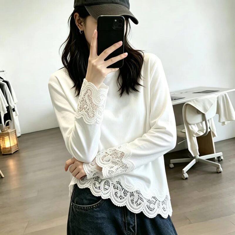 European Style 2026 New White Lace Patchwork Long-Sleeve T-Shirt for Women, Loose Fit, Slimming, Lace Trim, Base Layer Top European Style 2026 New White Lace Patchwork Long-Sleeve T-Shirt for Women, Loose Fit, Slimming, Lace Trim, Base Layer Top