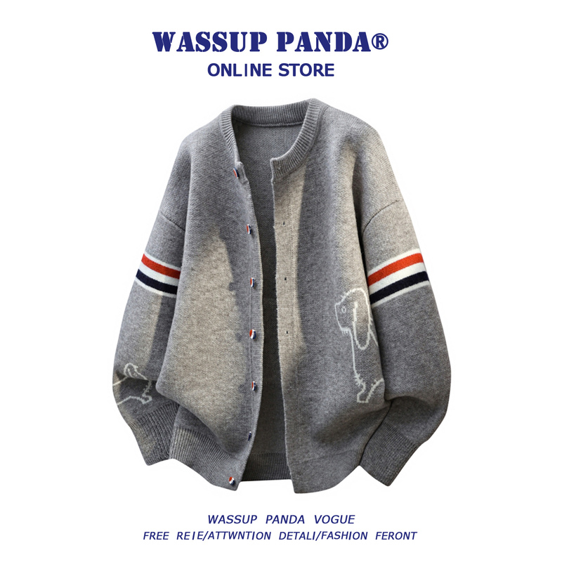 Wassup Panda Color-Blocked Striped Cardigan Sweater for Men, Autumn Loose Casual Style Baseball Collar Knitwear Jacket Wassup Panda Color-Blocked Striped Cardigan Sweater for Men, Autumn Loose Casual Style Baseball Collar Knitwear Jacket