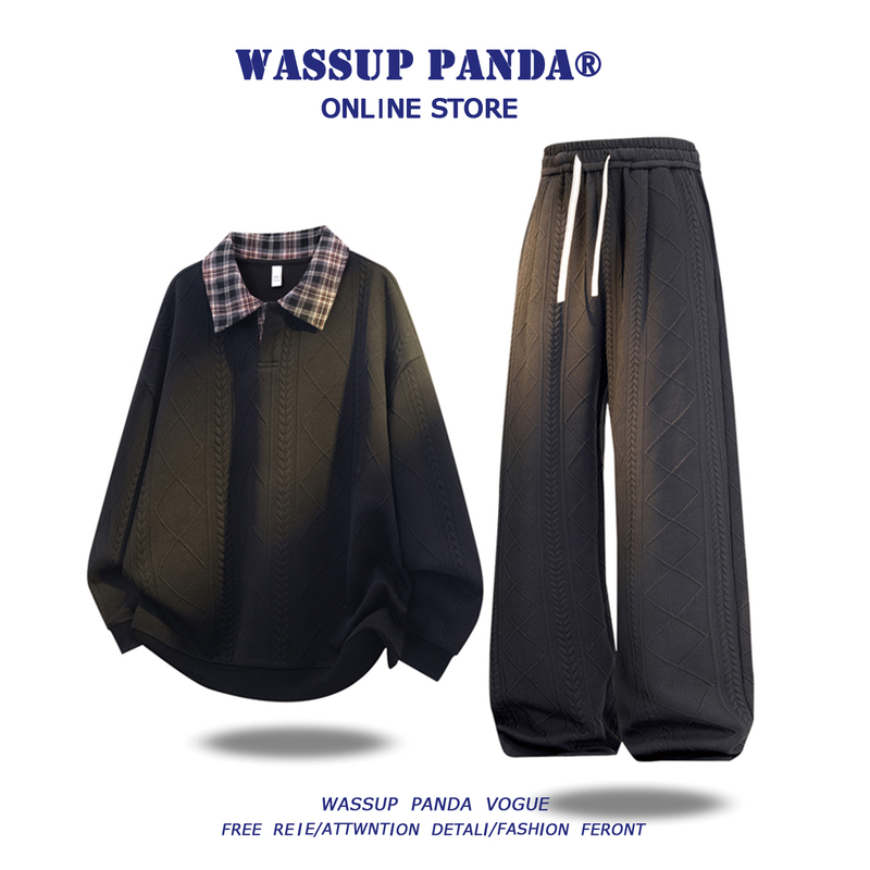 Wassup Panda Casual Sports Suit for Men, Spring and Autumn New Style, Contrasting Color Lapel Polo Sweatshirt Two-Piece Set