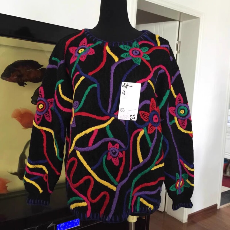 Vintage Heavy-Duty Retro Ethnic Style Neon Color Thread Embroidery Abstract Asymmetrical Plant Design Premium Sweater Coat
