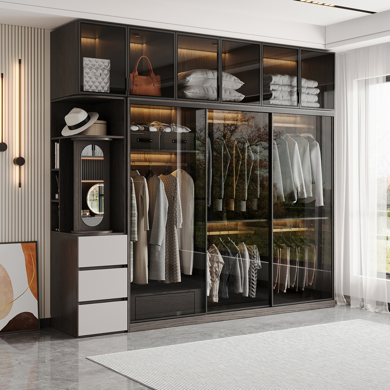Glass Sliding Door Wardrobe for Home Bedroom, Modern Minimalist Light Luxury High-End Sliding Door Cabinet Wardrobe