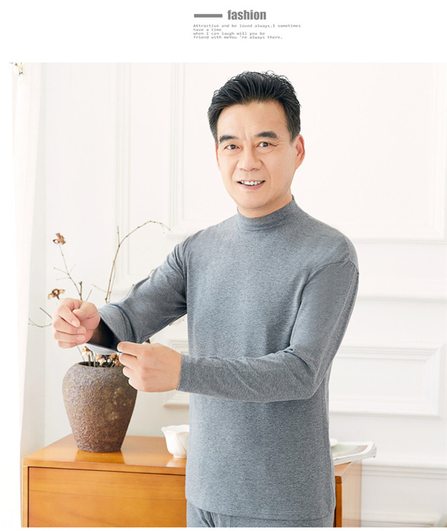 Quần lót nam trung niên nhiệt nửa cao cổ áo quần mùa thu quần dài áo len cotton giữa và áo cotton mỏng cũ màu trắng áo thu đông nam trung nien