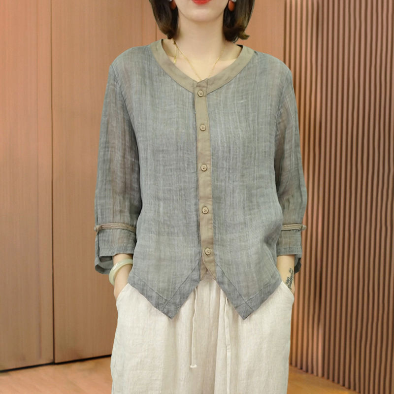 Vintage Cotton and Linen Shirt for Women, Summer New Style, Loose Fit, Slimming Top, Elegant Linen Blouse, Plus Size, Thin