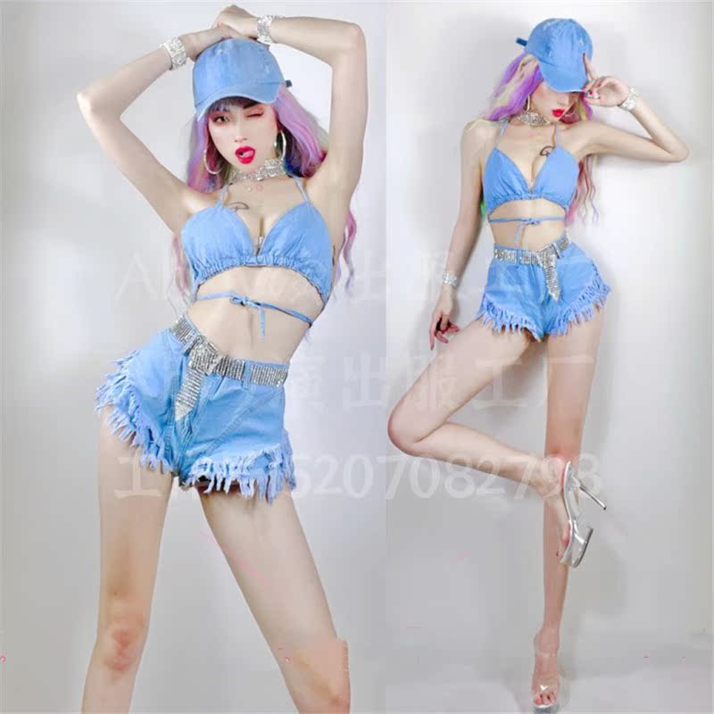 Bar light blue denim raw shorts hip hot pants sexy nightclub GOGO neck show bikini set