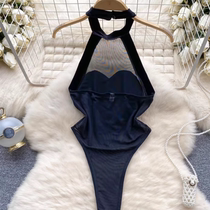 European and American hot girl style halter neck jumpsuit for women with love stitching see-through mesh bottoming shirt sexy top for women