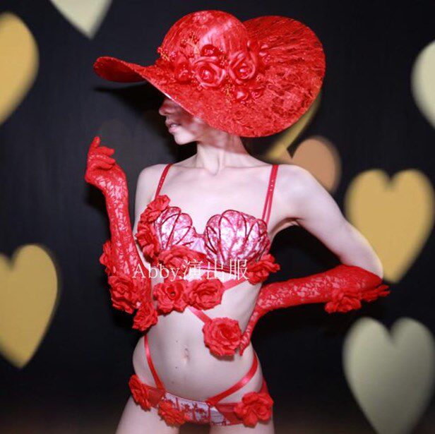 Nightclub Bar Rose Flowers Bikini Suit Sexy DsGOGO Valentine's Day Party Wet with Watch Costume