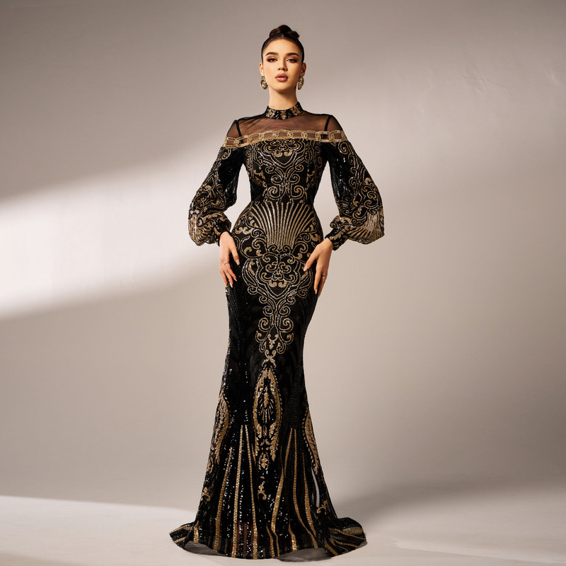 Cross-Border European and American New Style Long-Sleeved Round-Neck Long Sequin Dress for Banquets, Birthday Parties, Evening Dresses, Bridesmaid Dresses, and Dresses