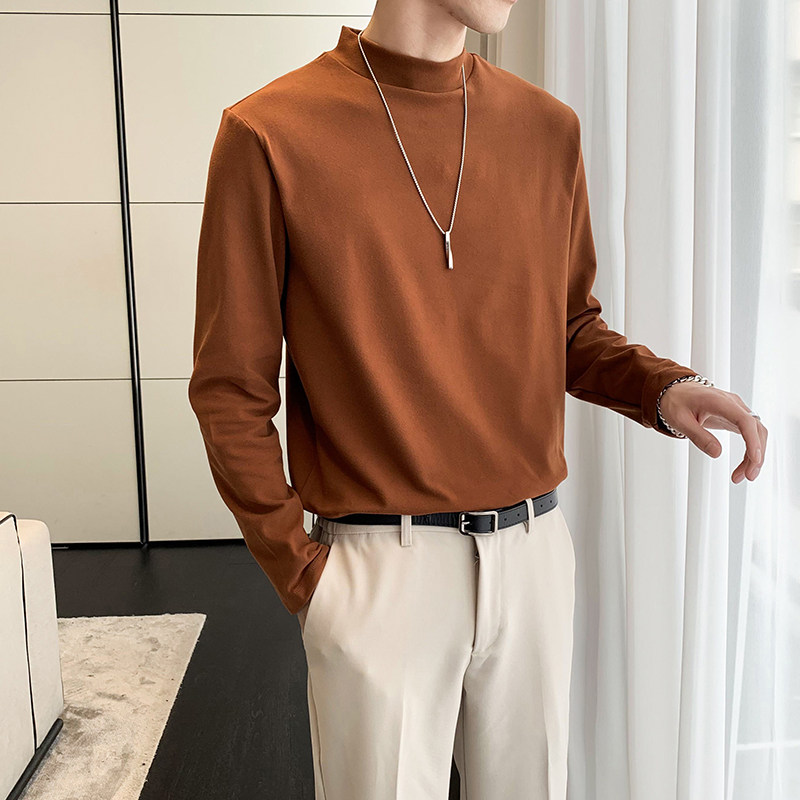 Tide Cards Fall Semi-High Collar Jersey Men Casual Inner Hitchhiking Korean Version Suede Long Sleeve T-Shirt Light Ripeny Sweater Blouse