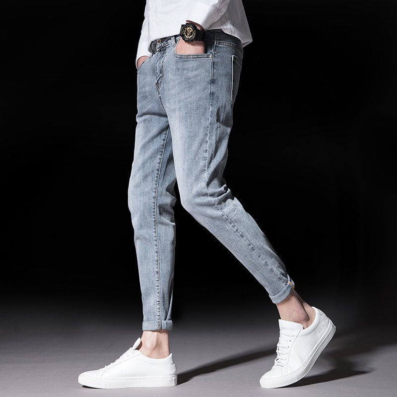 Net red tide brand 2021 spring men's nine-point jeans men's slim cigarette pipe pants light color 9-point pants Korean pants
