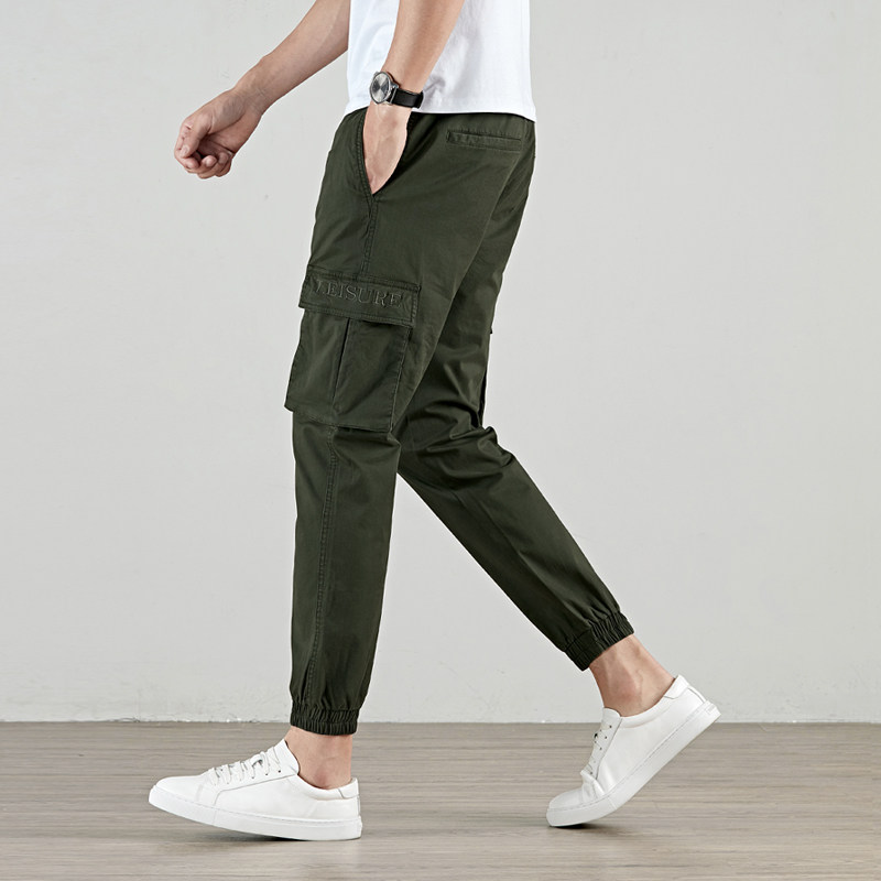 ins tide brand overalls men's drawstring casual pants Men's nine-point pants Korean slim cotton stretch narrow pants