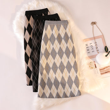 Diamond-shaped plaid skirt women's autumn and winter knitted woolen skirt high waist slimming all-match a-line bag hip skirt mid-length