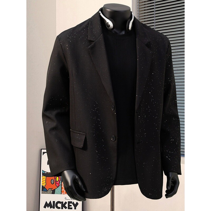 Black Shoulder-Padded Blazer with a Starry Design for Men, Suitable for Spring and Autumn Engagement Outfits, High-End Casual Suit