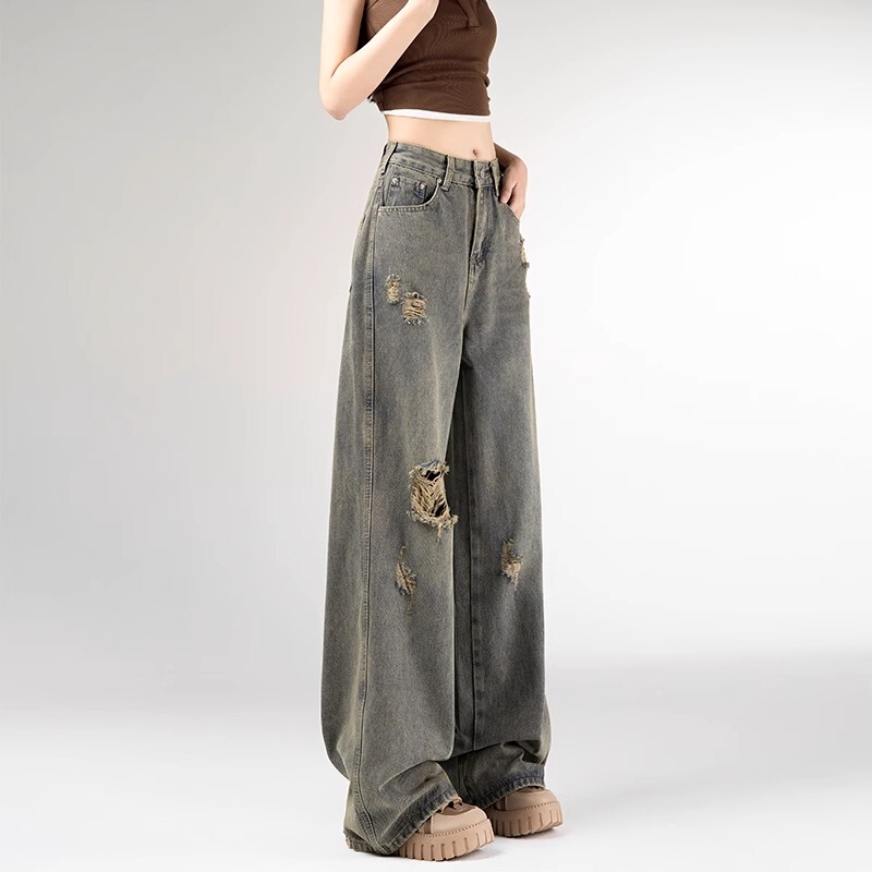 High-End Petite Vintage Ripped Straight-Leg Jeans for Women, Summer Thin Design, Loose High-Waisted Wide-Leg Pants High-End Petite Vintage Ripped Straight-Leg Jeans for Women, Summer Thin Design, Loose High-Waisted Wide-Leg Pants