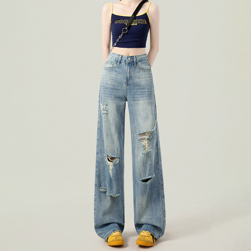 Trendy Fashion Ripped Wide-Leg Jeans for Women, Summer Thin Style 2026 New Slimming Loose Retro Straight Pants