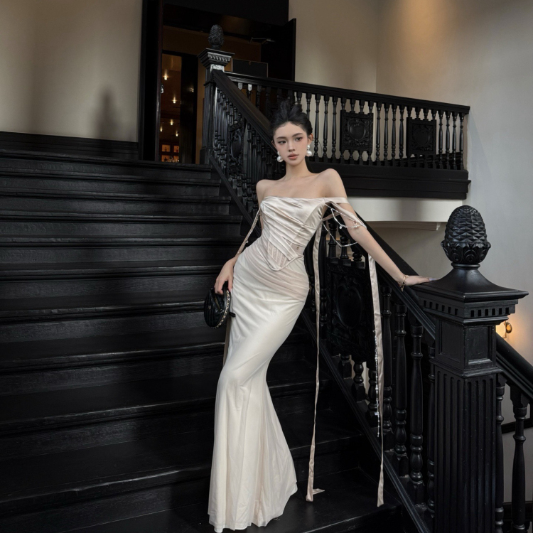 Sheer Luck Authorized Marlee Beaded Chain Ribbon Sexy Strapless Fishtail Dress Original Design Summer 2025
