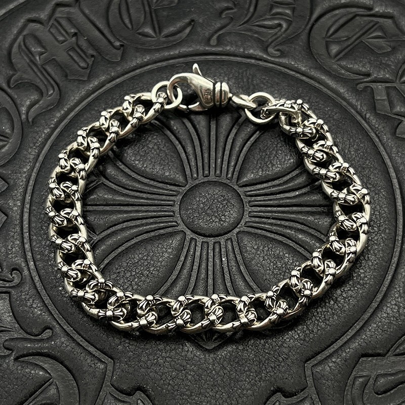 S925 Sterling Silver Full Flower Cross Flower Bracelet Retro Old Niche Domineering Classic Cuban Chain Motorcycle Trend S925 Sterling Silver Full Flower Cross Flower Bracelet Retro Old Niche Domineering Classic Cuban Chain Motorcycle Trend