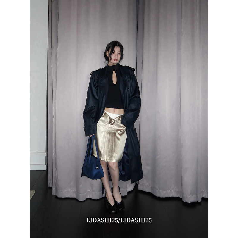 Lidashi25 Elegant Blue-Black Silhouette Trench Coat for Women, Glossy, Versatile for Commuting, Double-Breasted Long Coat