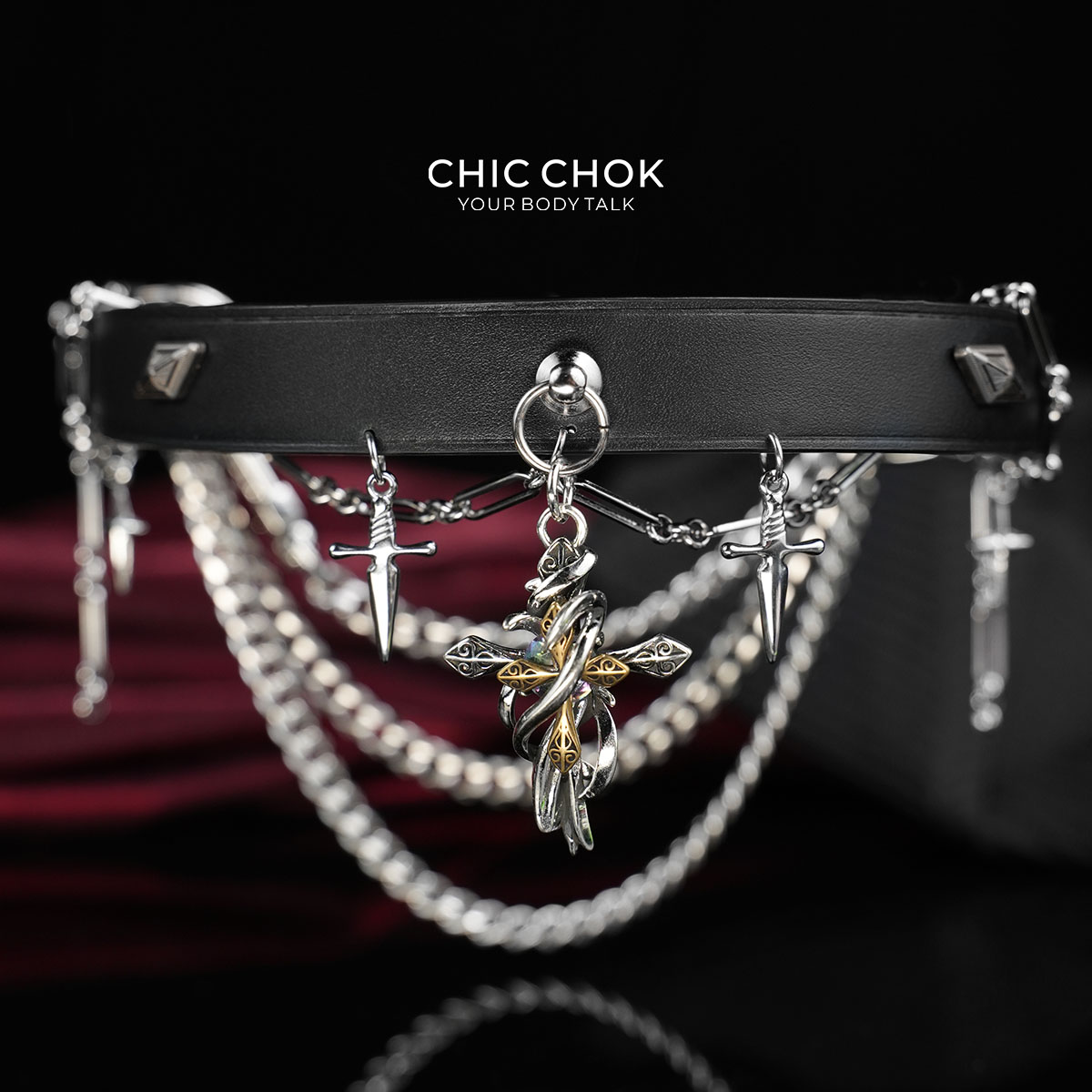 CHICCHOK Glowing Glow Choker, Genuine Leather Necklace, Women's European and American Original Choker, Men's Cross Pendant