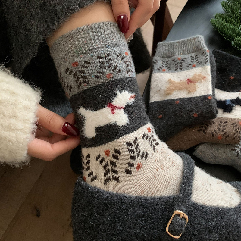 Wool Warm Fair Isle Socks for Women, Mid-Calf Socks, Autumn and Winter Style, Thickened and Fleece-Lined, Cute Puppy Winter Long Socks