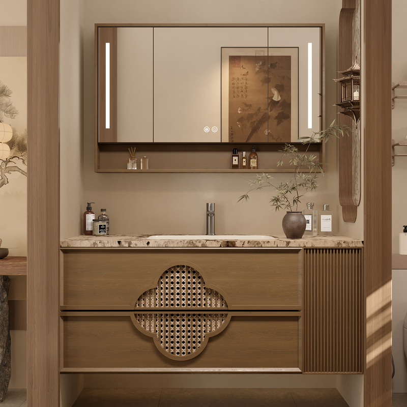2025 New Song-Style Aesthetic Oak Bathroom Cabinet Set with Antique-Style Washbasin, Plum Blossom Mirror, and Sink Cabinet