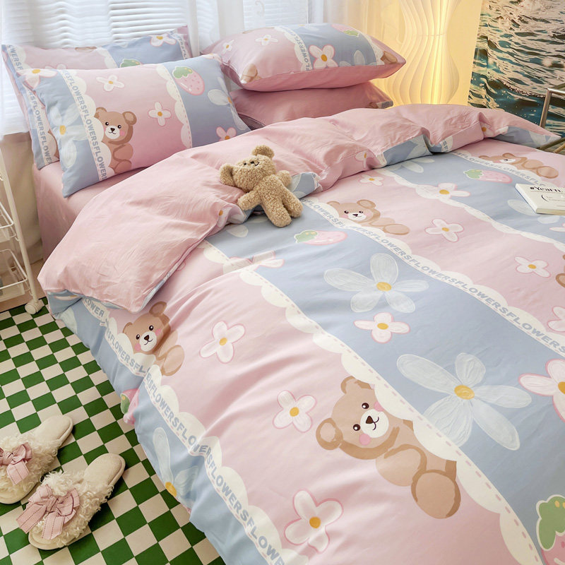 Field Garden Pure Cotton Bed Four Sets All Cotton 1 5 m 1 8m Teenage Girl Hearts Cartoon Quilt Cover Three Style Bed Group Pink