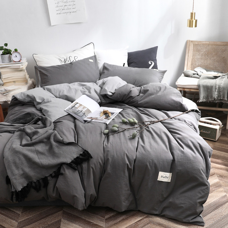 Total Cotton Pure Cotton Four Pieces Type Washed Cotton Dark Grey Men's Bed Bedding Linen Quilt Cover Student Dormitory Three Sets