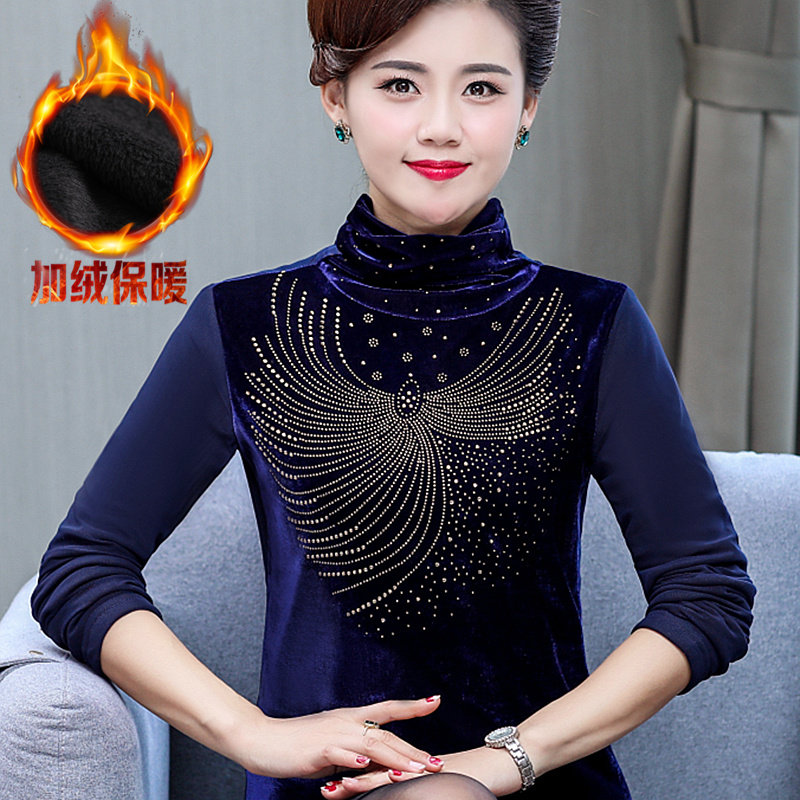 Middle aged mother Autumn winter dress Long sleeves T-shirt Aged Plus Suede Thickened Warm Coat High Collar Gold Velvet Beat Undershirt Woman