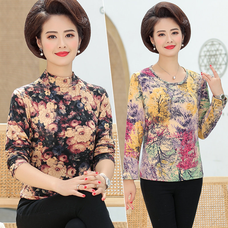 Middle-aged women's clothing autumn long-sleeved T-shirt Wide Mrs Western style semi-turtleneck base shirt Mom winter high elastic autumn coat