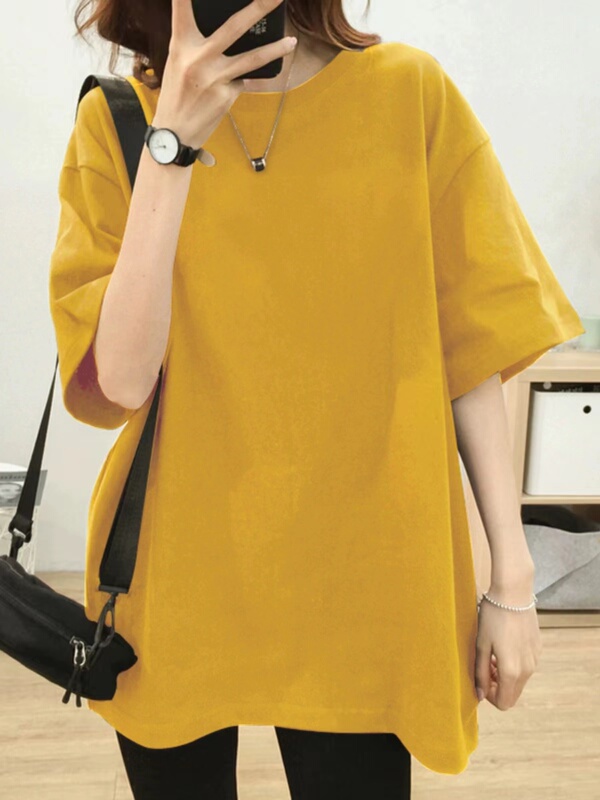 Ginger-Colored Mid-Length Short-Sleeved T-Shirt for Women, Pure Cotton Summer Wear, Korean Style, Plus Size, Loose, Bf Lazy Style, Base Shirt Top