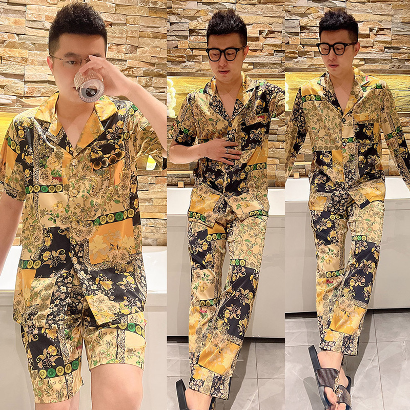 Men's Pajamas, Ice Silk, Large Size, Casual Suit Collar Shorts, Fashionable Autumn Print, Couple's Loungewear Two-Piece Set, Loose Fit