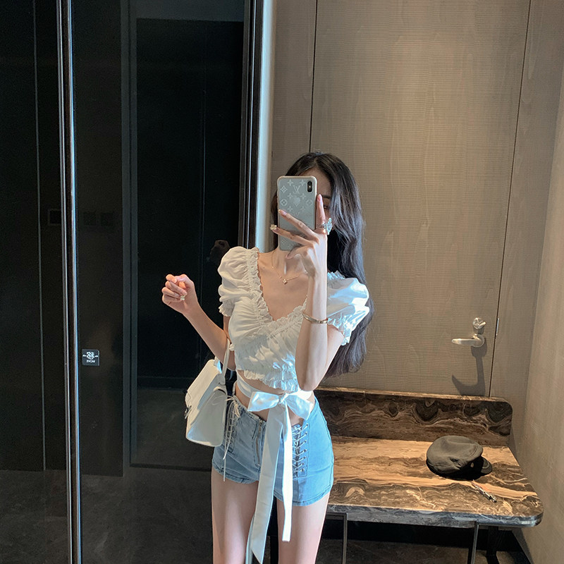 OKMA denim shorts women's 2021 summer new high waist thin a-line pants zipper strap light blue hot pants