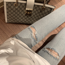 Ripped jeans womens 2021 new light blue pants high waist tight skinny straight nine-point small feet pants trend