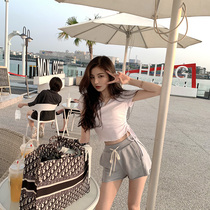 OKMA casual shorts womens summer thin high waist thin loose sports hot pants crimped wide leg gray a-line pants