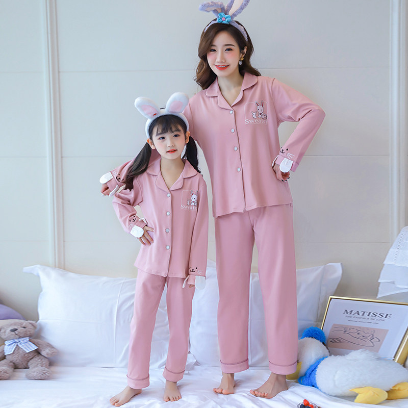 Parent-child children's pajamas mother and women's clothing spring and autumn new cotton long-sleeved cardigan girls clothing big girls children's home clothes