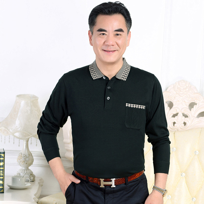 Mùa thu trung niên tay dài áo thun nam sọc áo polo trung niên lỏng lẻo cotton từ bi cha mùa xuân áo thun nam tay dài