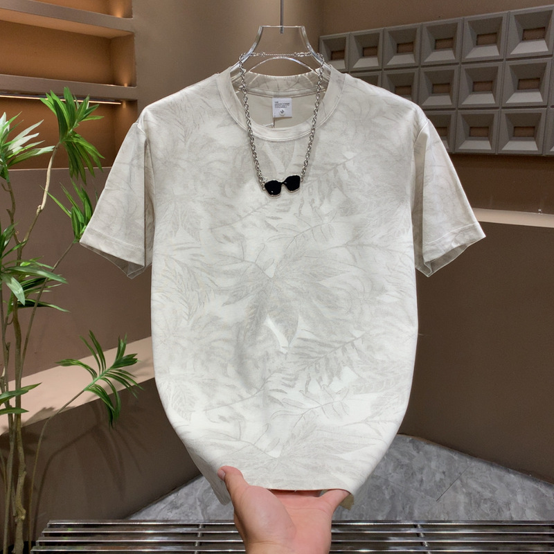 Summer Cool Casual Short-Sleeved Men's T-Shirt Old Money Style Trendyy Top Tie-Dyed Leaf Design Slim Half-Sleeved T-Shirt