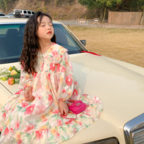 Korean version 2022 spring and summer new girl clothes sweet and beautiful ladies flowers princess dress girls temperament big swing dress