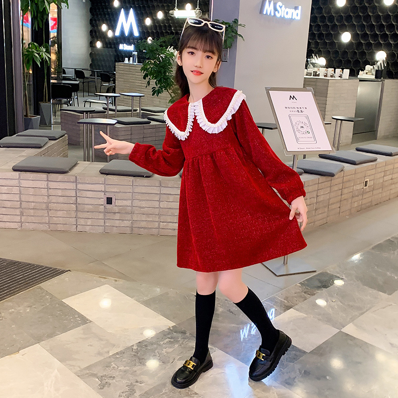 Girl's New Spring and Autumn Dress Girl Shinier Princess Han Yang Yang Children Dress Red Dress