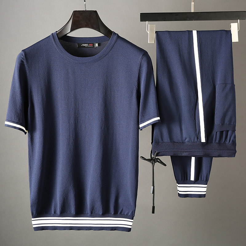 JSBD summer contrast color sports two-piece suit Silk comfortable breathable fabric Men's slim half sleeve leisure suit