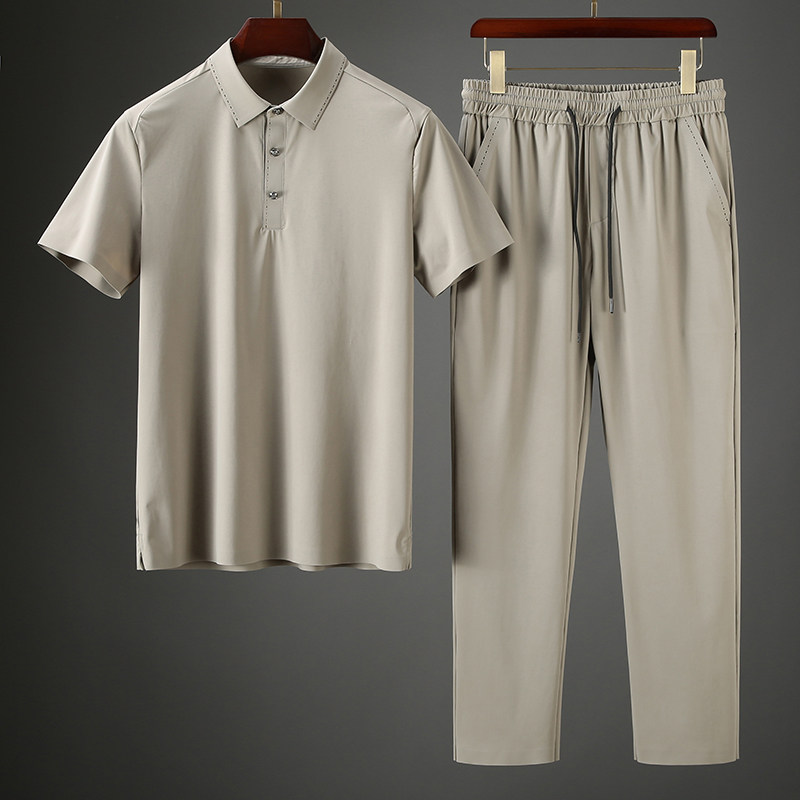 JSBD high-end light luxury ice silk two-piece men's seamless lamination ultra-thin summer silky lapel leisure sports suit