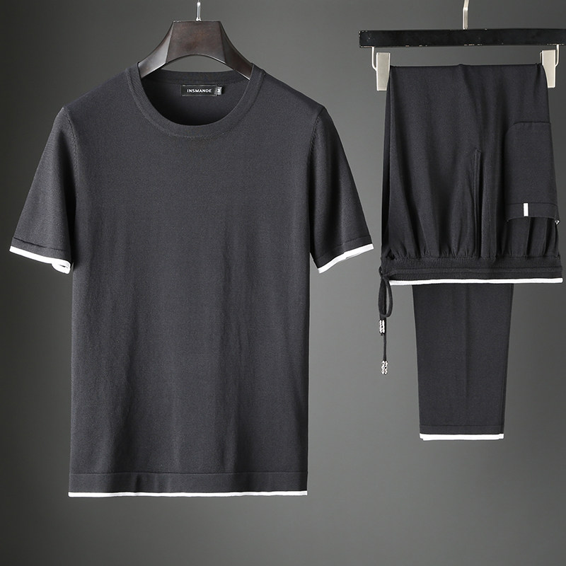 JSBD summer high-end knitted two-piece silk breathable fabric men's casual contrast color short-sleeved sports suit thin