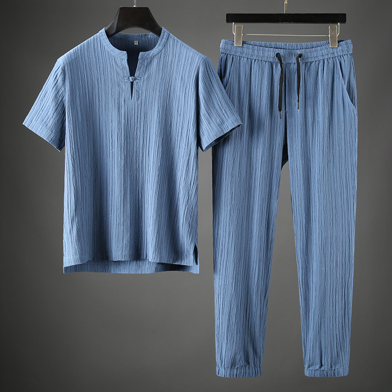 JSBD high-end ultra comfortable and breathable ruffle two sets of male Chinese wind disc buckle summer men's casual sports suit
