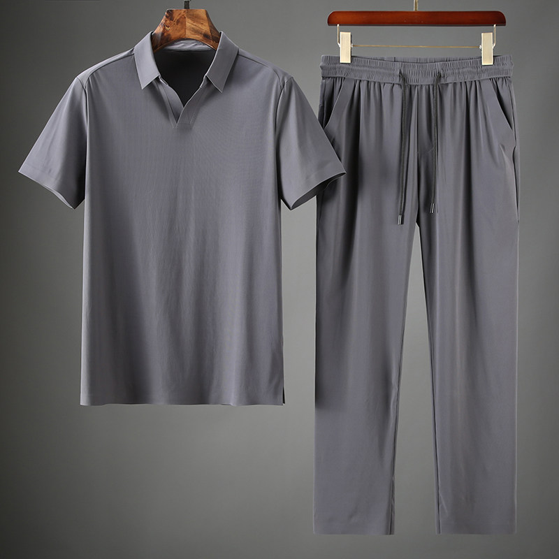 JSBD high-end heavyweight seamless lapel two-piece men's summer silky ultra-thin ice silk leisure sports suit