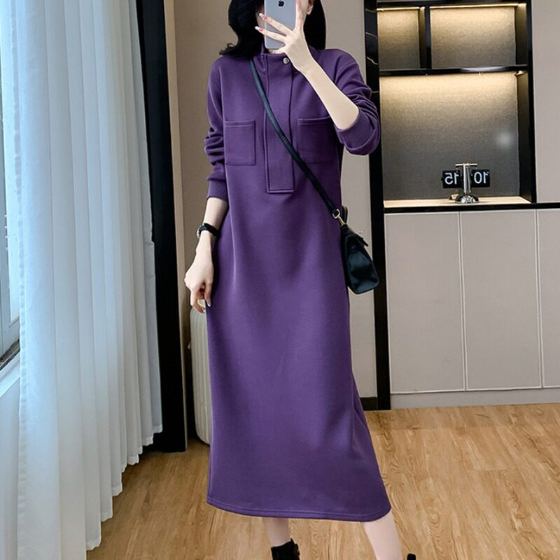 High-End Plus-Size Loose-Fitting Stand-Up Collar Knee-Length Sweatshirt Dress 2025 Spring, Autumn, and Winter Casual Age-Reducing Versatile Dress